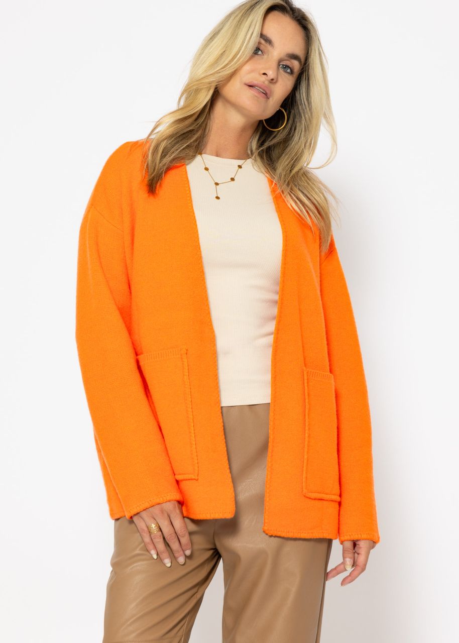 Open cardigan with patch pockets - tangerine