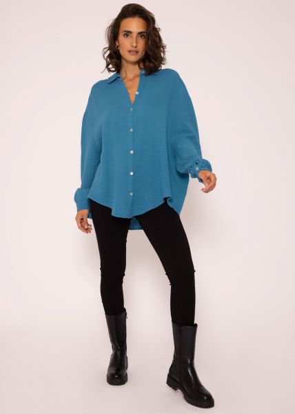 Muslin blouse oversize, short, petrol blue