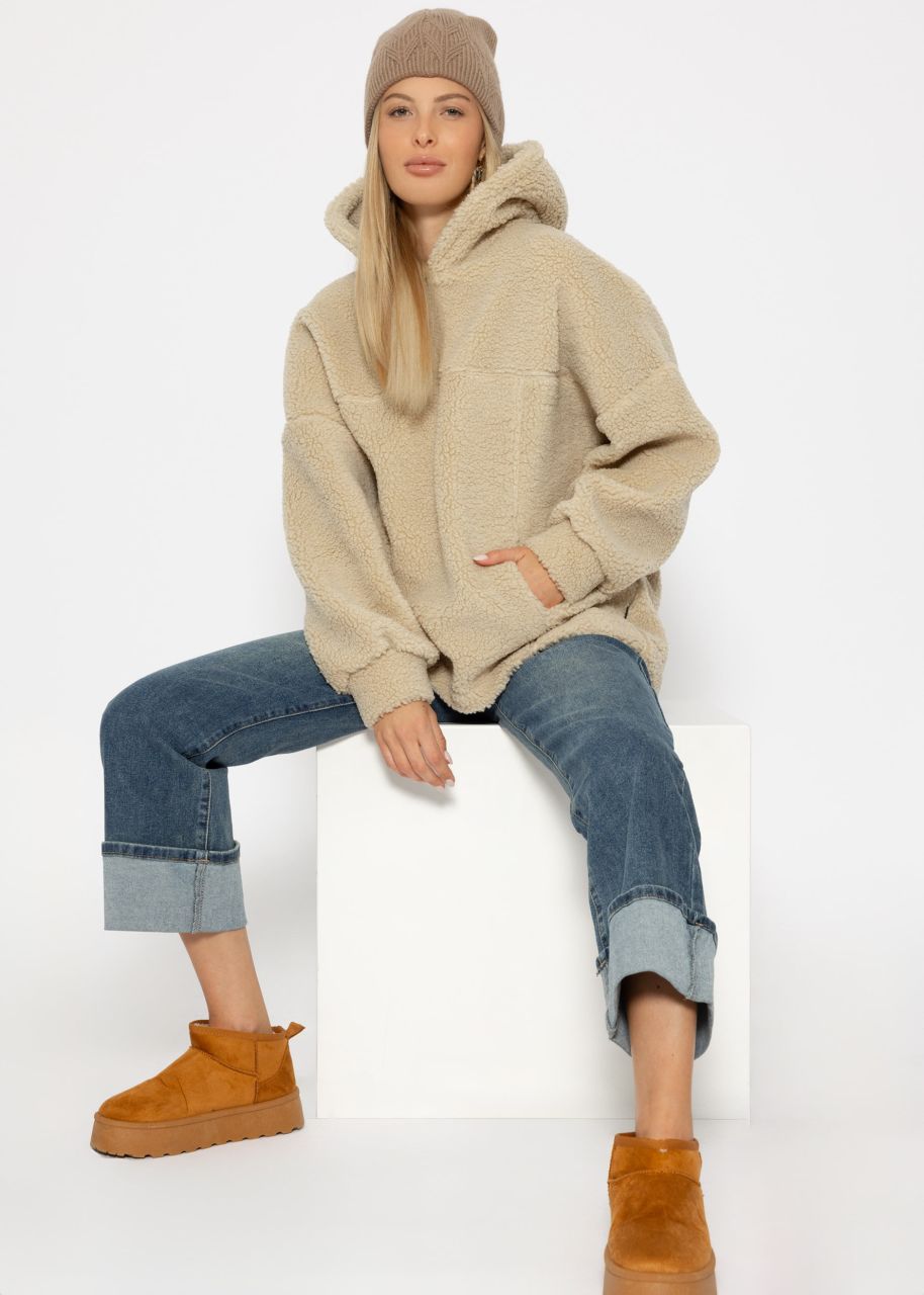 Oversized teddy sweatshirt with hood - light beige