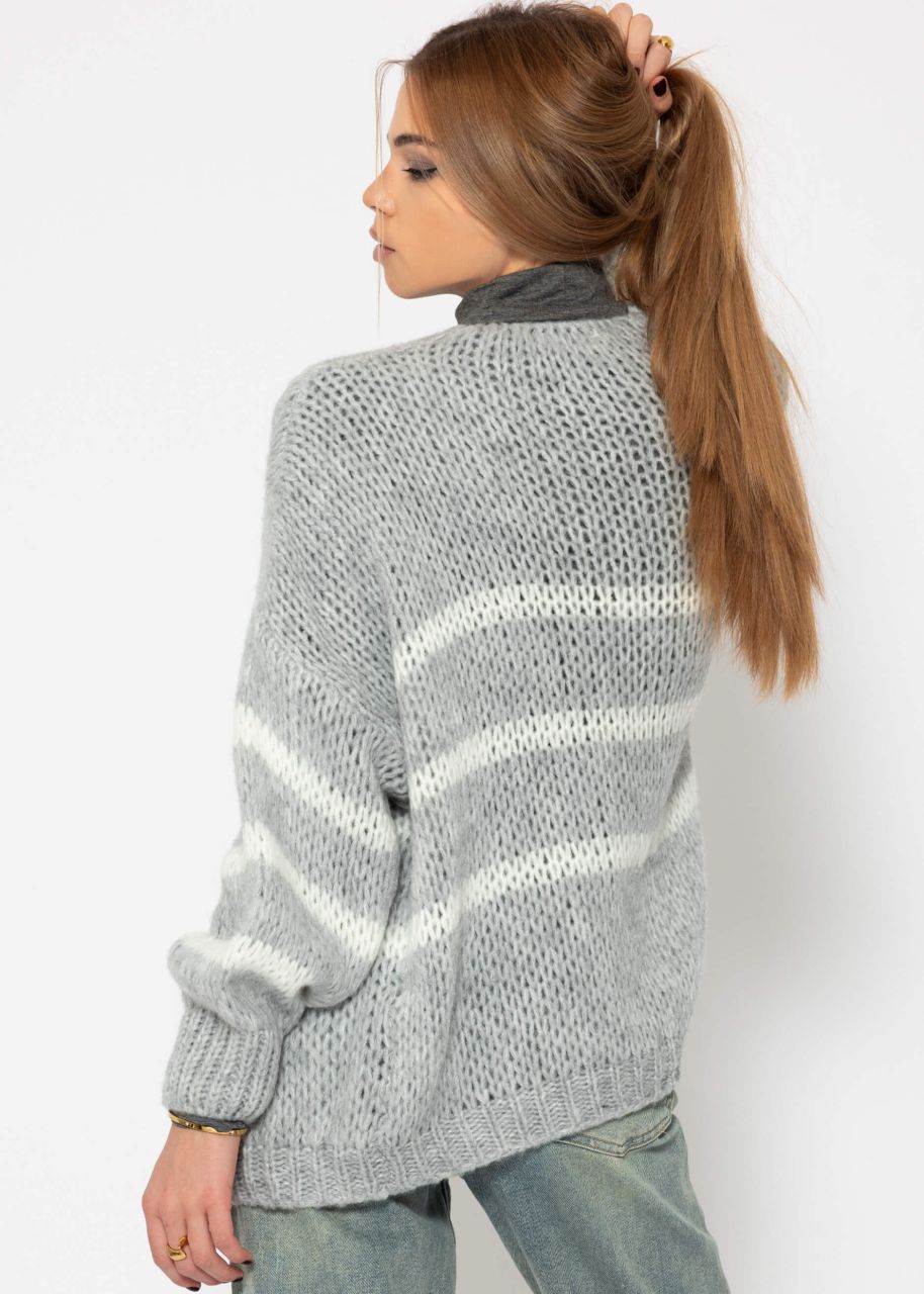 Oversize cardigan with white stripes, light grey