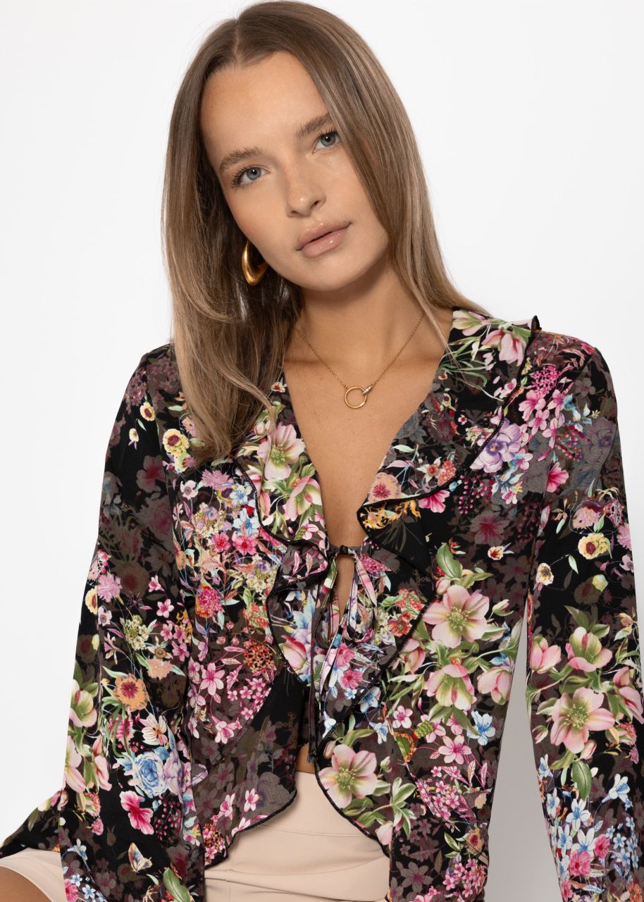 Blouse with tie ribbon and floral print - black