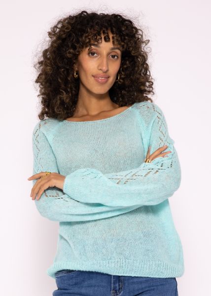 Loose sweater with ajour pattern, turquoise