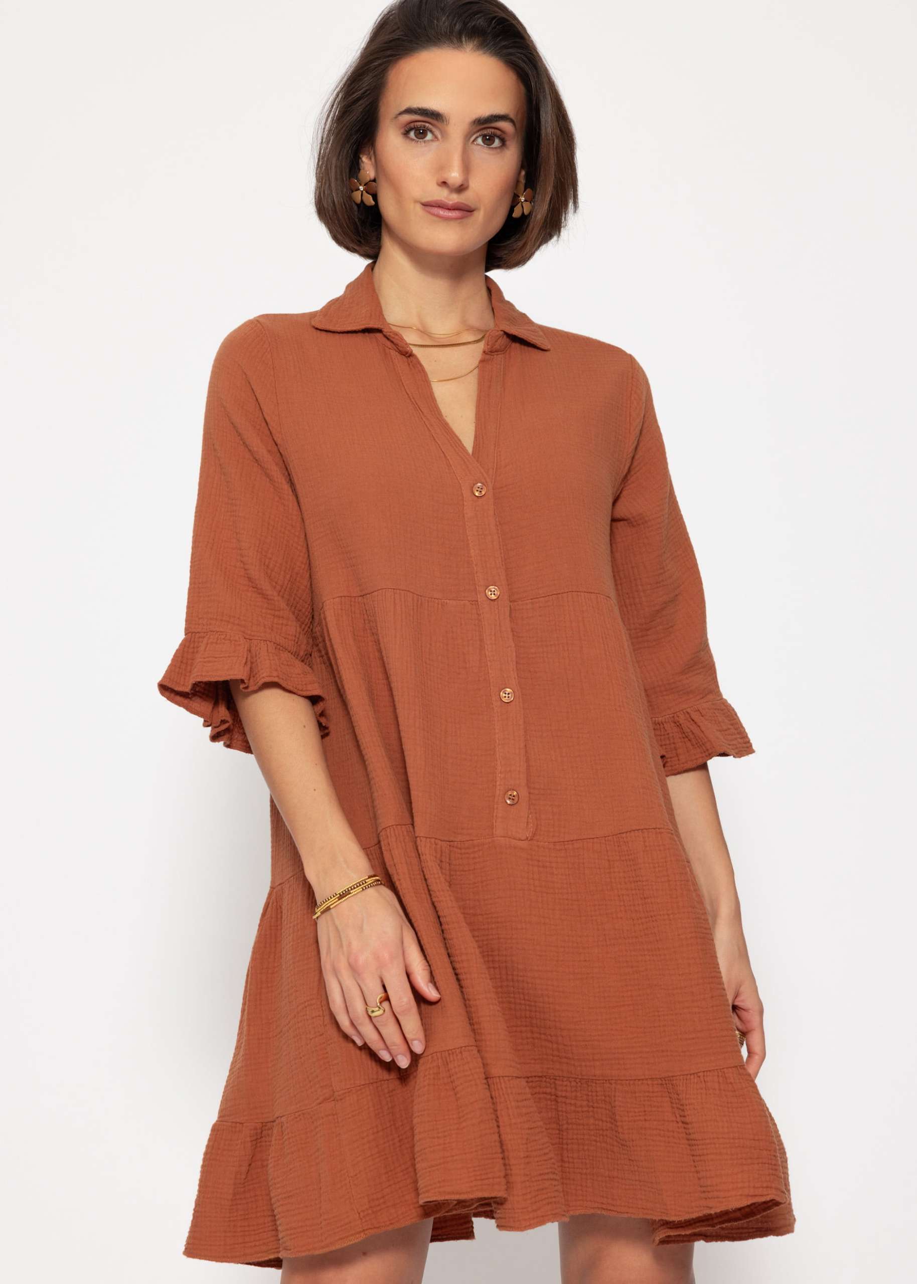 Muslin dress with flounces - cognac