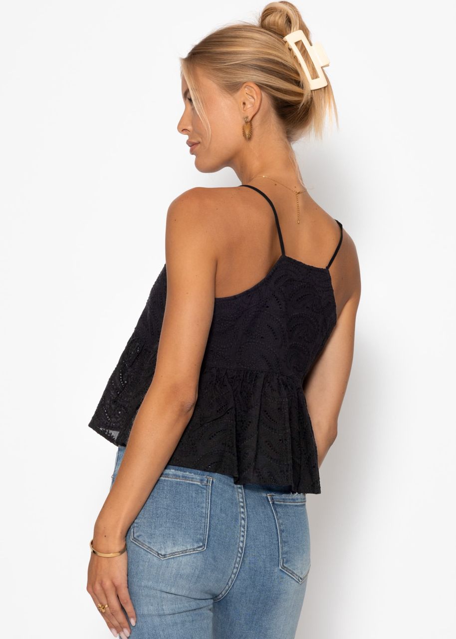 Top with flounce and eyelet embroidery - black