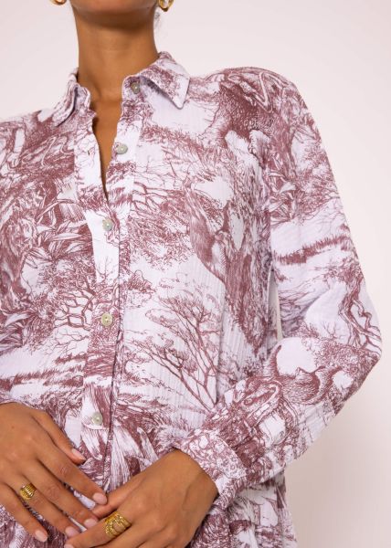 Muslin dress with long sleeves and print, wine red