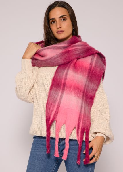 Check scarf with fringes, pink/fuchsia