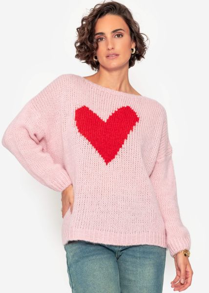 Oversize sweater with red heart - pink