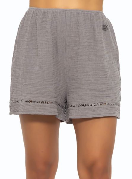 Muslin pyjama shorts with lace trim - taupe
