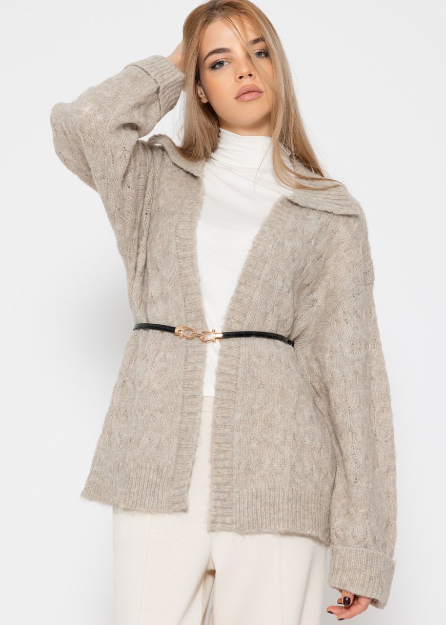 Fluffy cable-knit cardigan with collar - beige