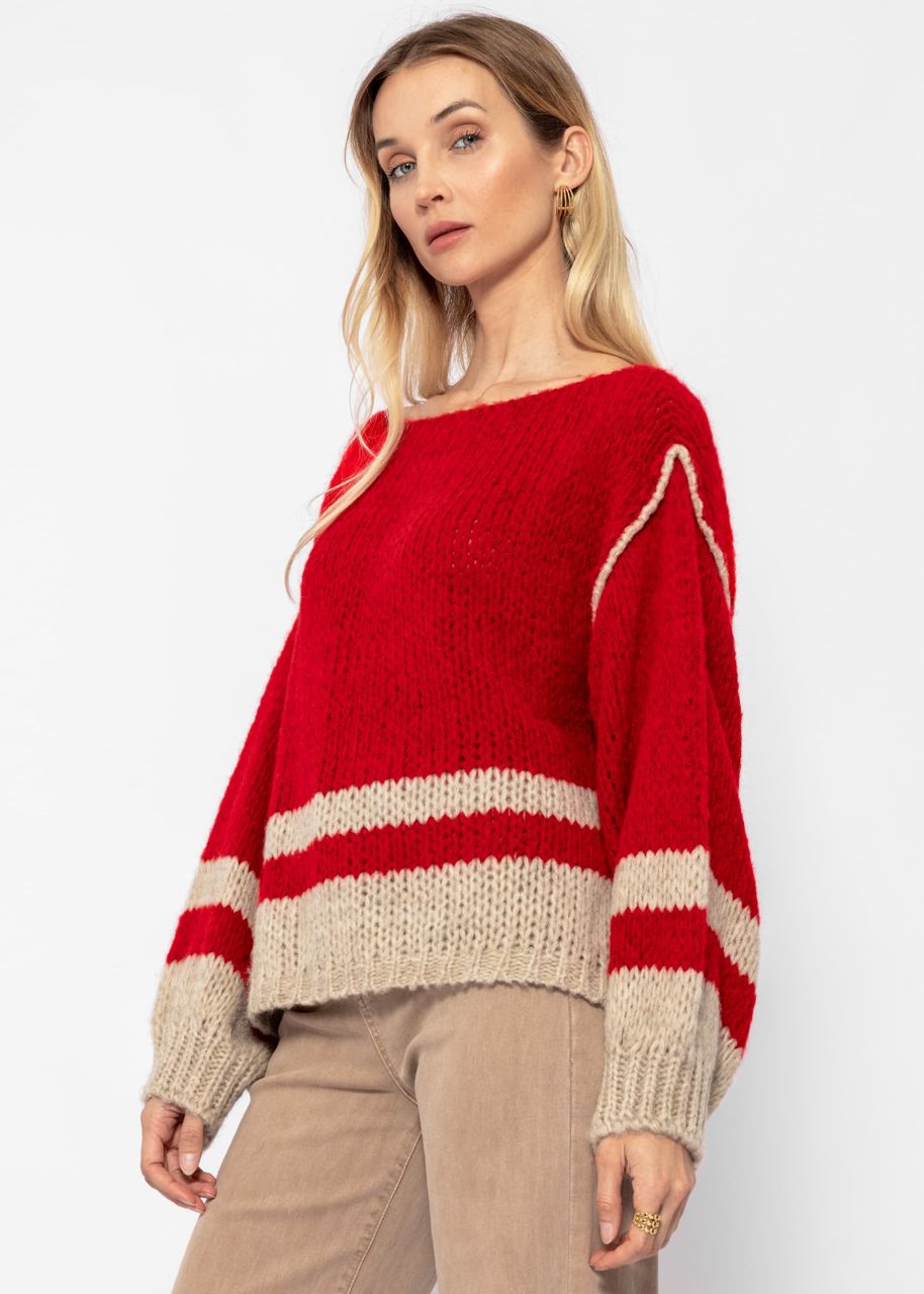 Jumper with striped hem - red-beige