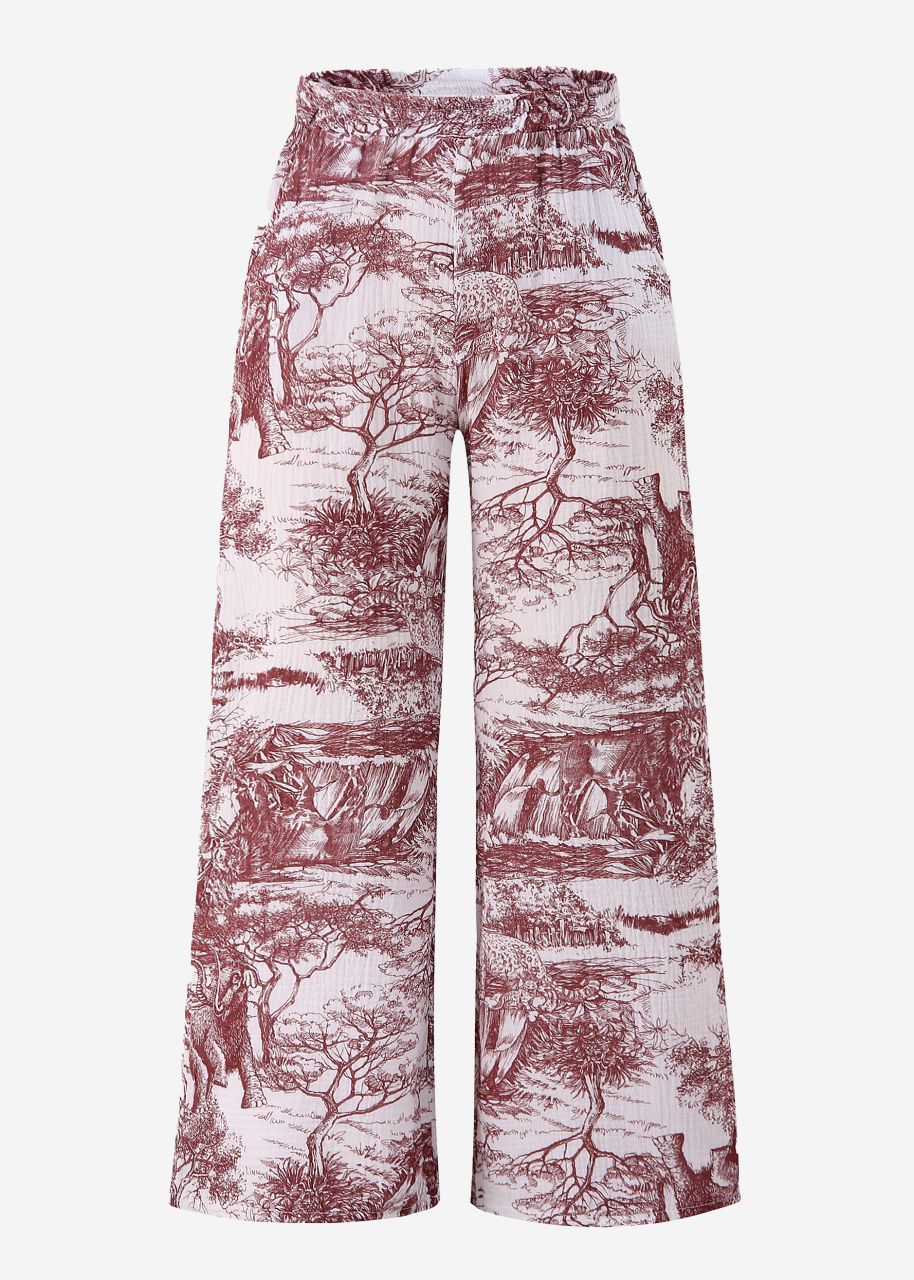 Muslin pants with wide leg and print - wine red