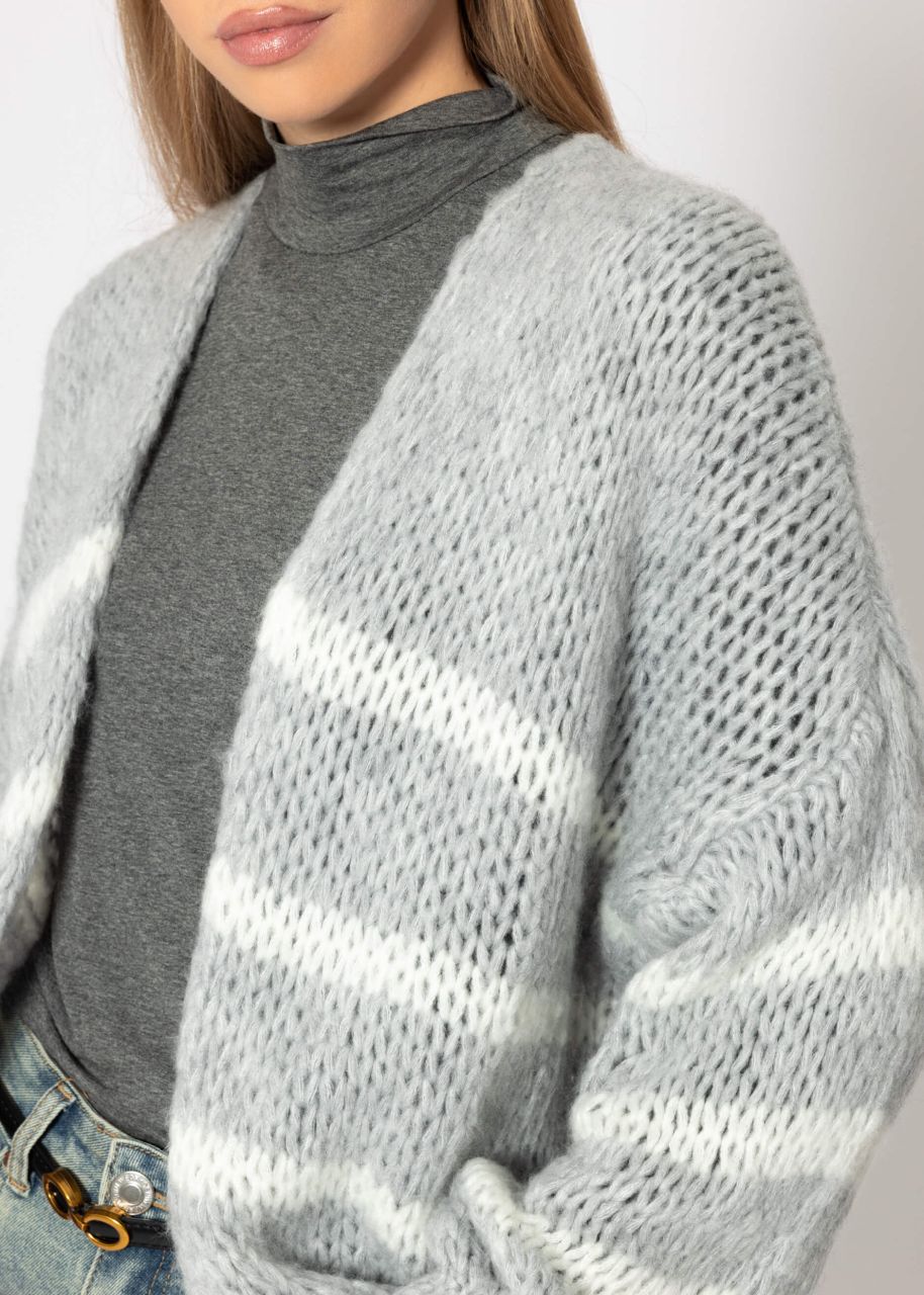 Oversize cardigan with white stripes, light grey