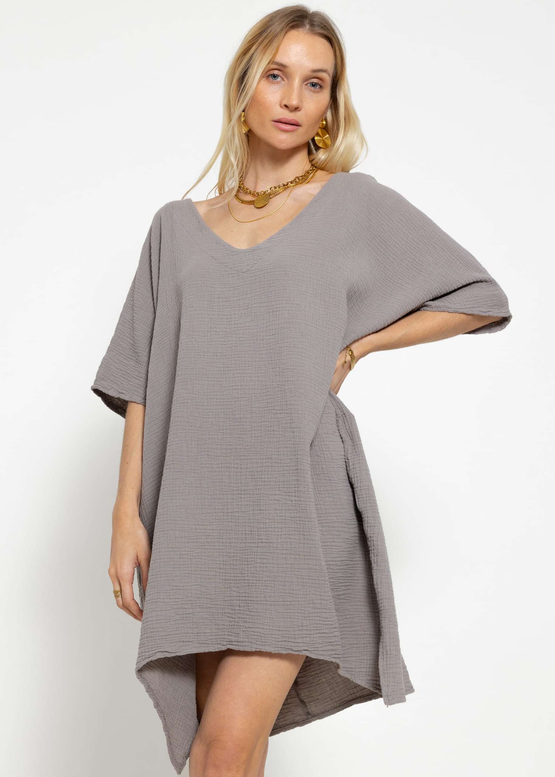 Muslin tunic with V-neck - taupe