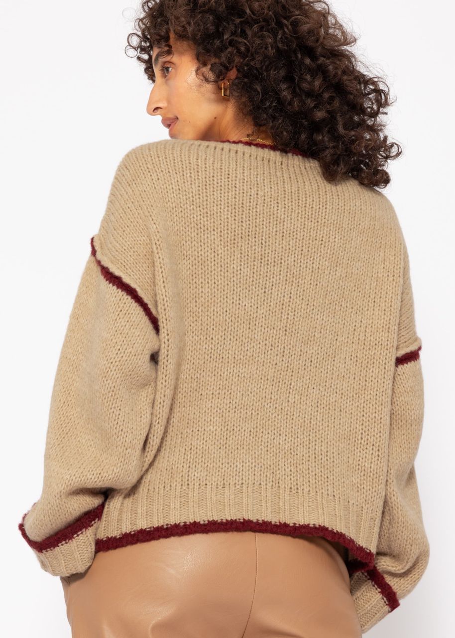 Jumper with coloured trims - beige-bordeaux