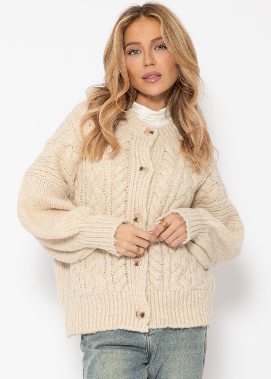 Super fluffy cardigan with cable knit pattern - cream white