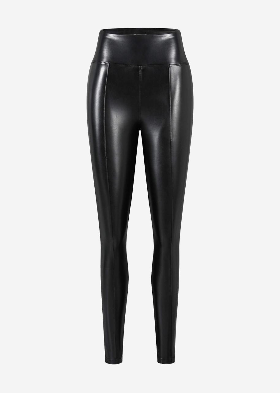 High-rise thermal leather leggings with piping - black