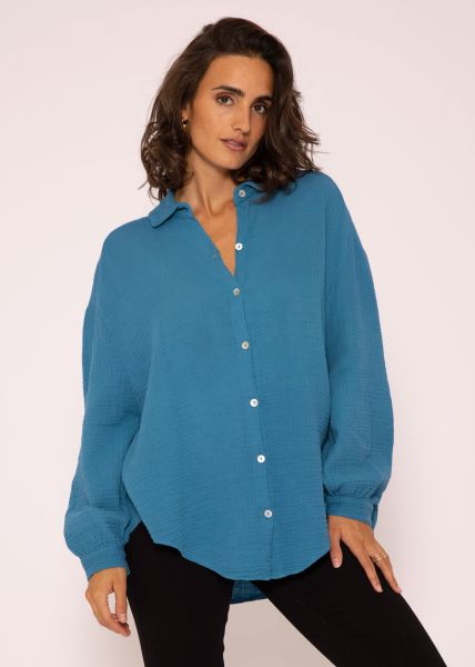 Muslin blouse oversize, short, petrol blue