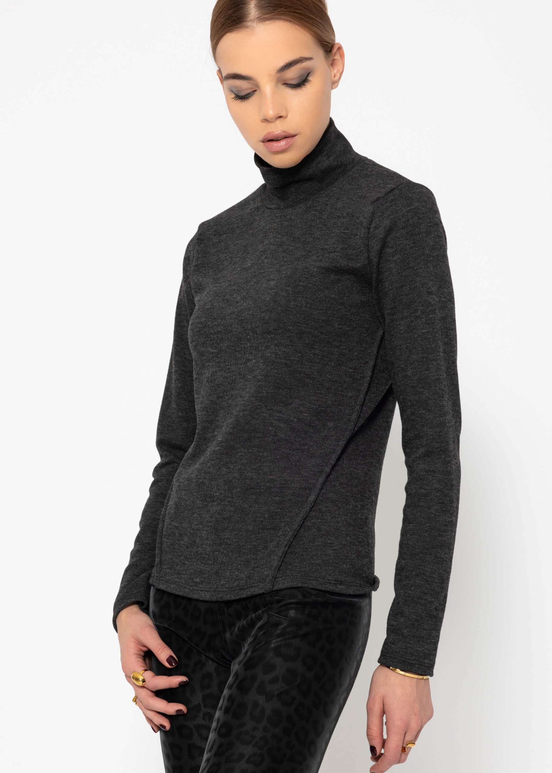 Turtleneck shirt with decorative stitching - dark grey mottled