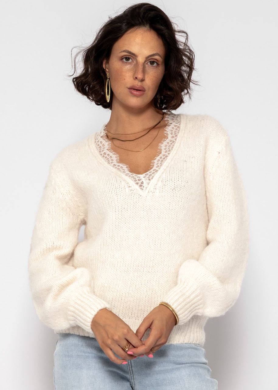 Jumper with lace neckline - offwhite