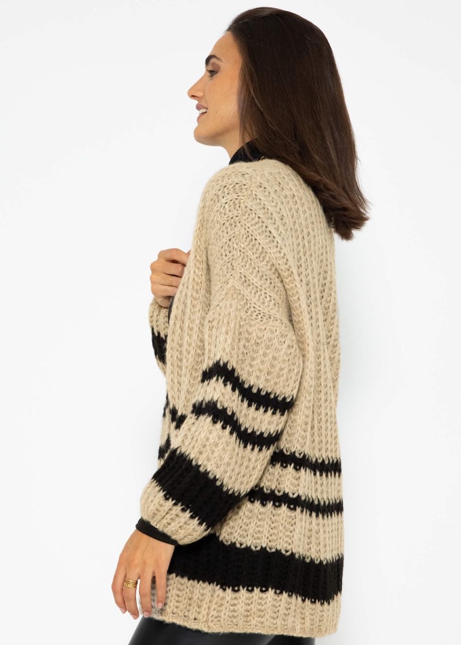 Knitted cardigan with black stripes - beige