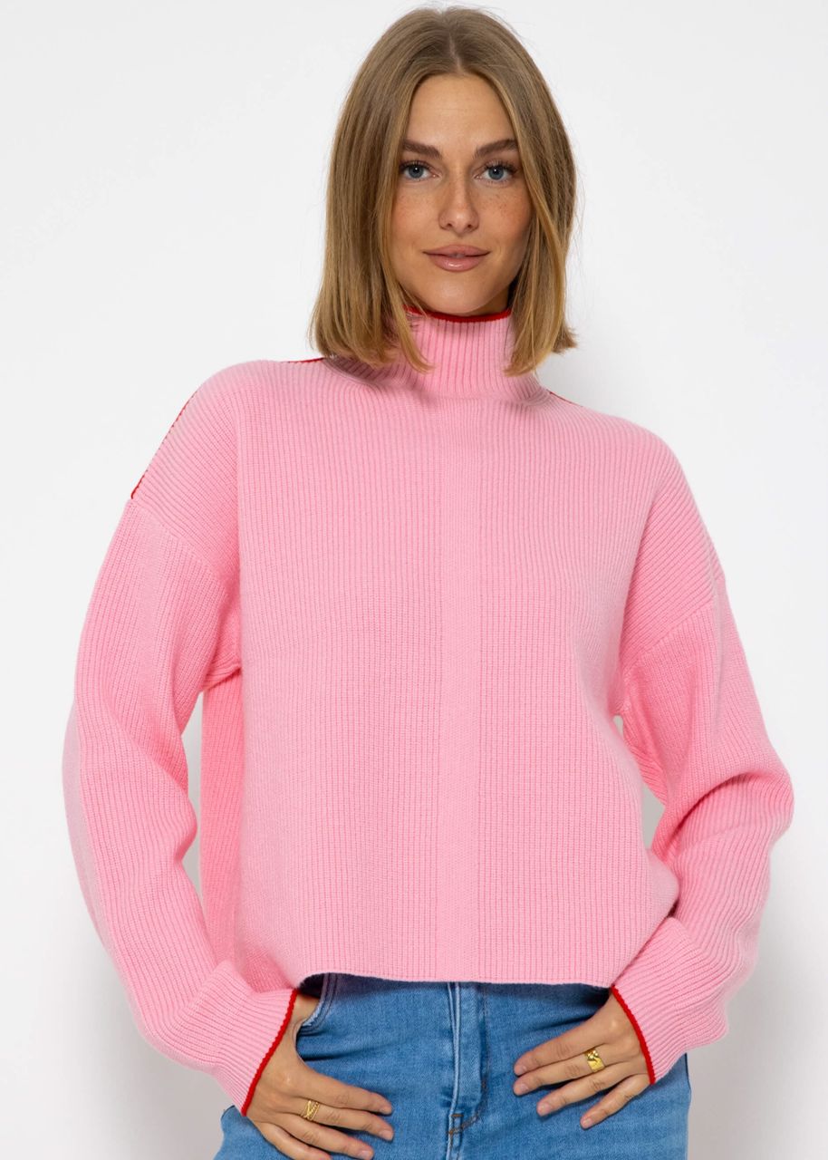 Knitted jumper with coloured accents - pink-red
