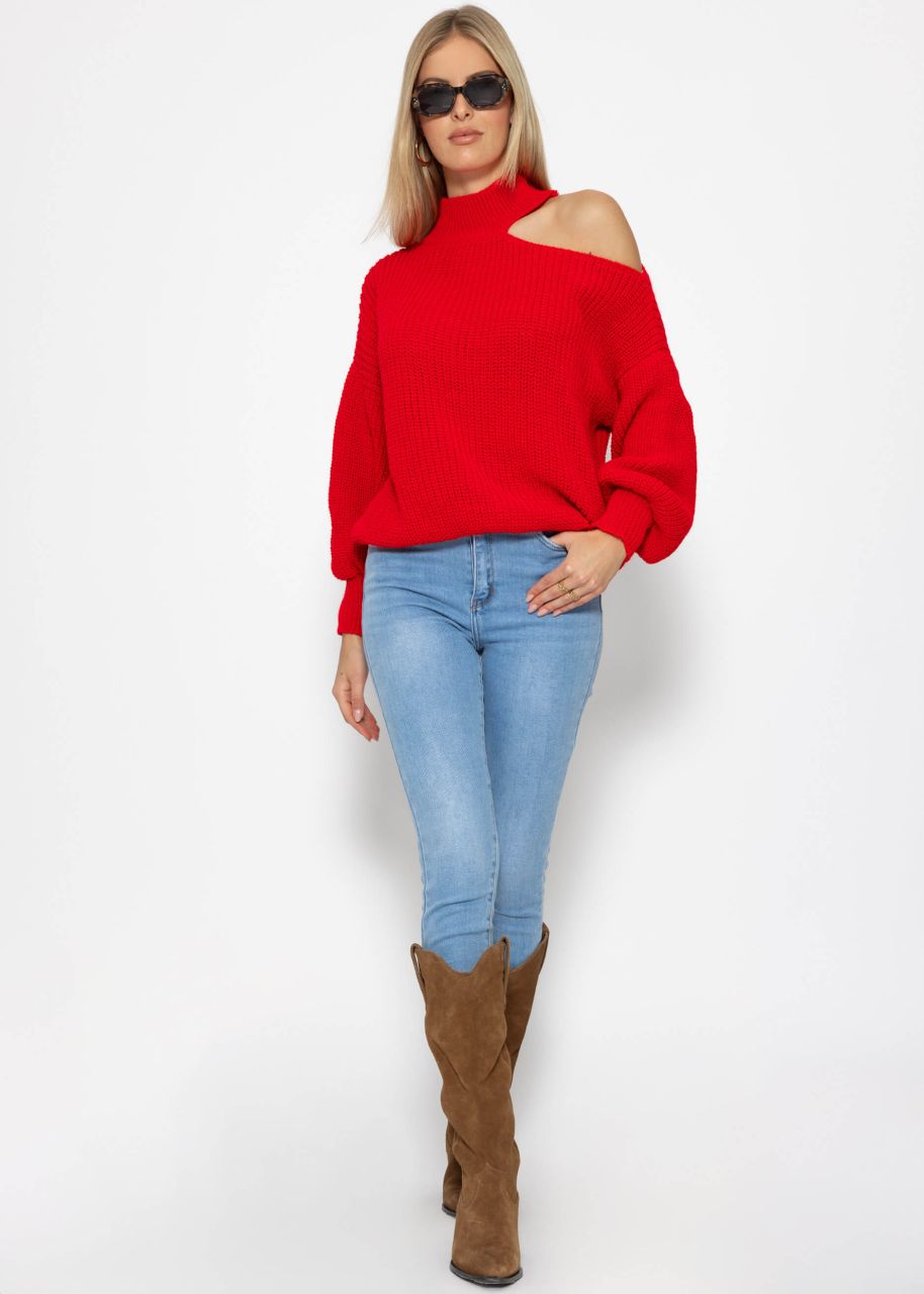 Oversized sweater with neckline - red