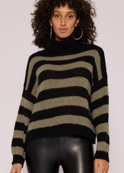 Striped turtleneck sweater, black/khaki