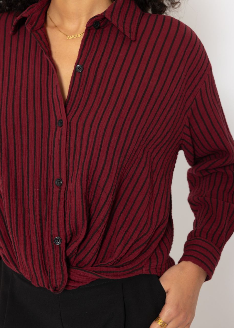 Striped muslin blouse with knot - burgundy-black