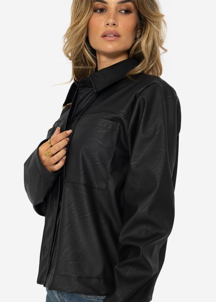 Faux leather blouse shirt with breast pockets - black