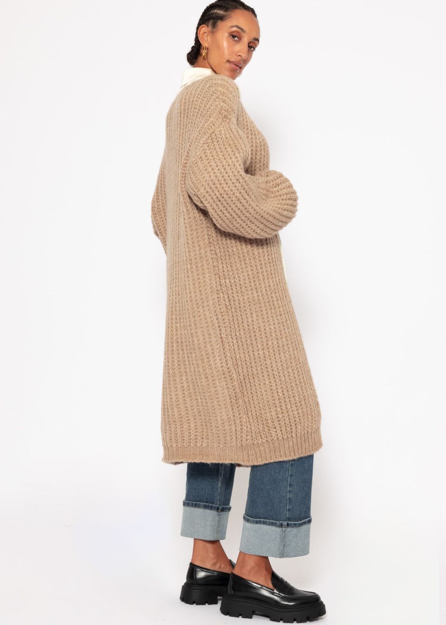 Ribbed, long cardigan with balloon sleeves - taupe