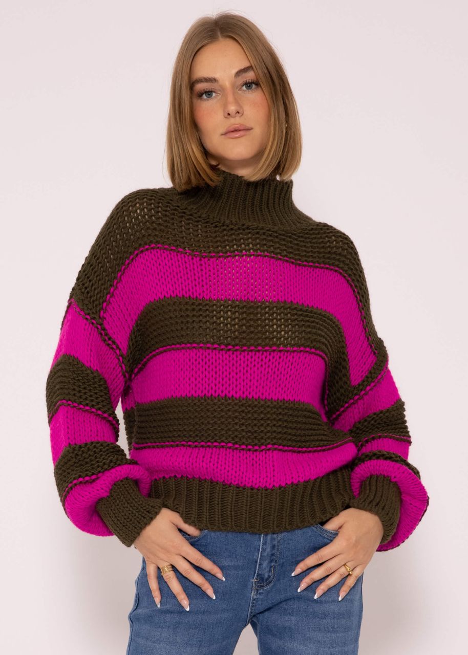 Turtleneck sweater with stripes, khaki-pink