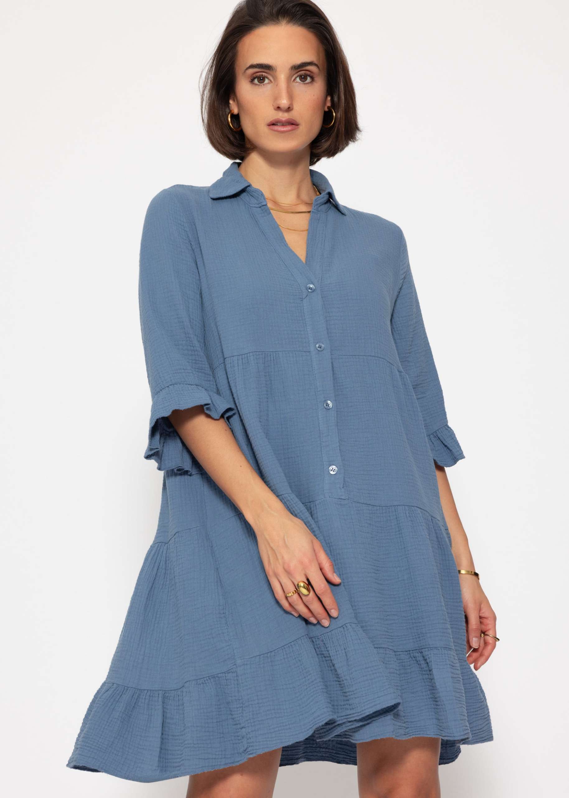 Muslin dress with flounces - denim blue