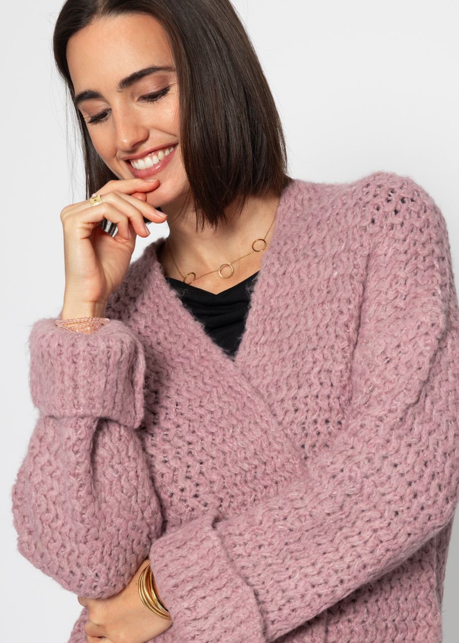 Chunky knit cardigan with trumpet sleeves - powder pink