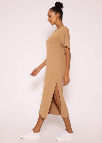 Maxi rip jersey dress with slit, camel