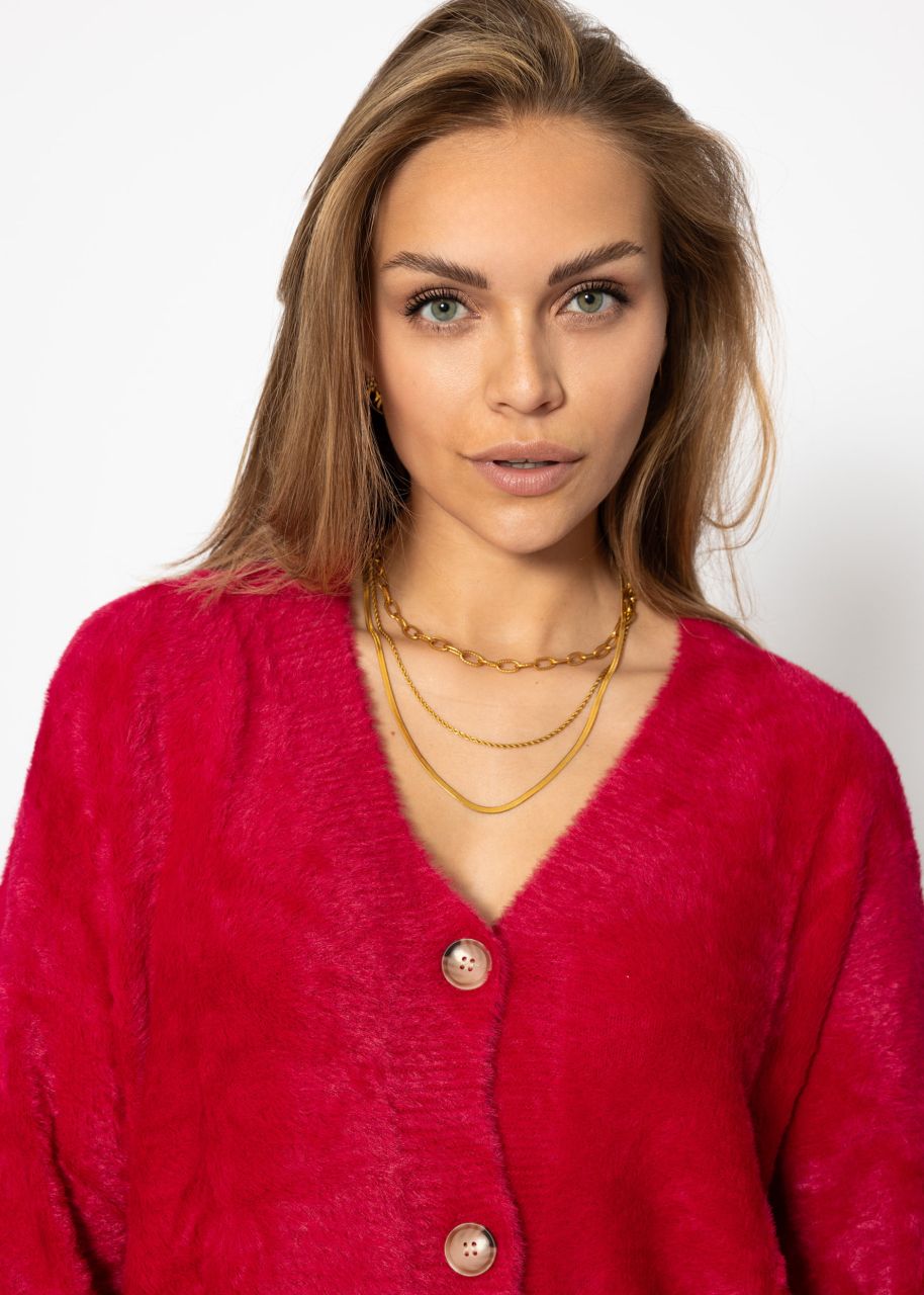 Fluffy cardigan with buttons - berry