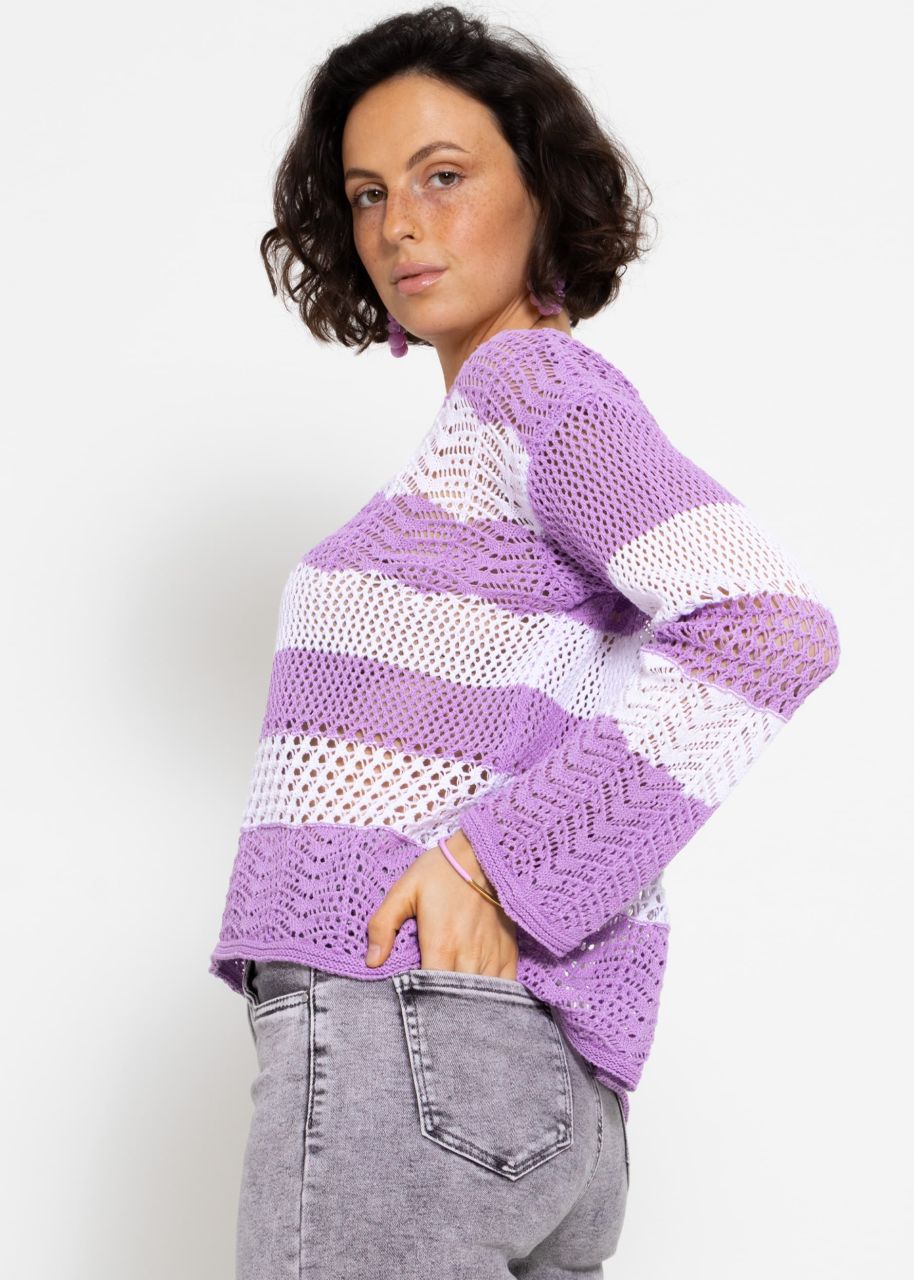 Striped ajour knit sweater - lilac-white