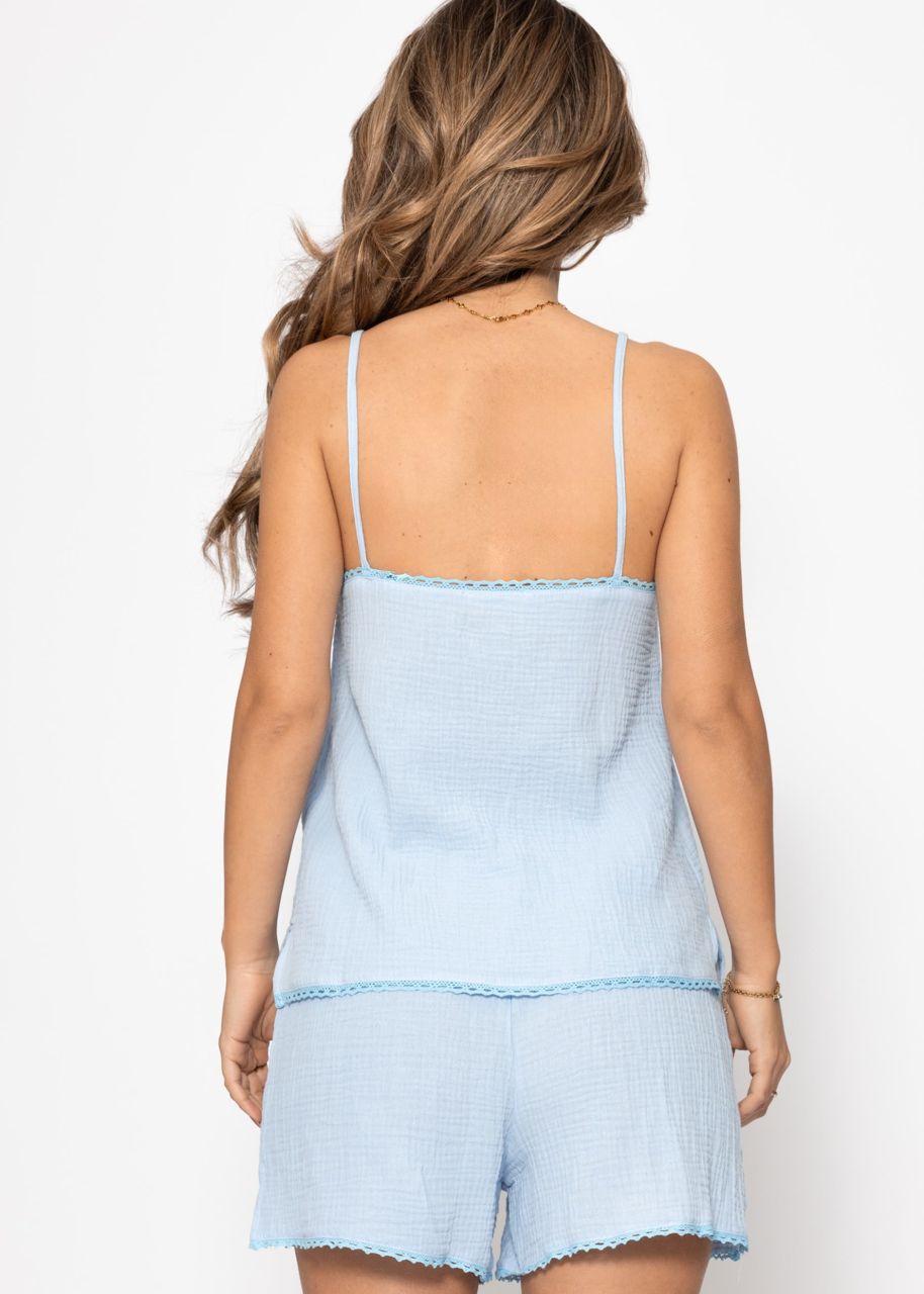 Musselin Pyjamatop mit Spitzenborte - blau