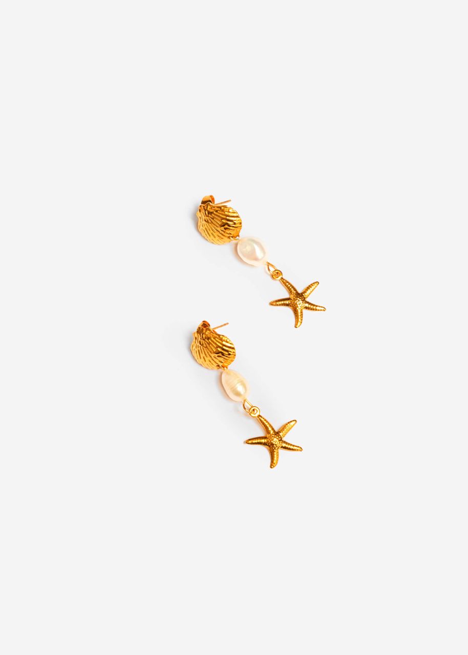 Stud earrings with shell and starfish - gold