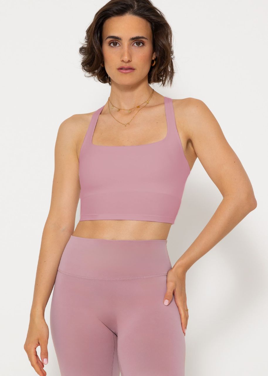 Sports bra with crossed, wide straps - dusky pink