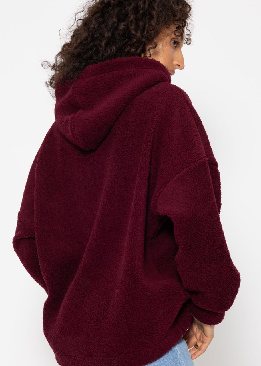 Oversized teddy sweatshirt with hood - burgundy