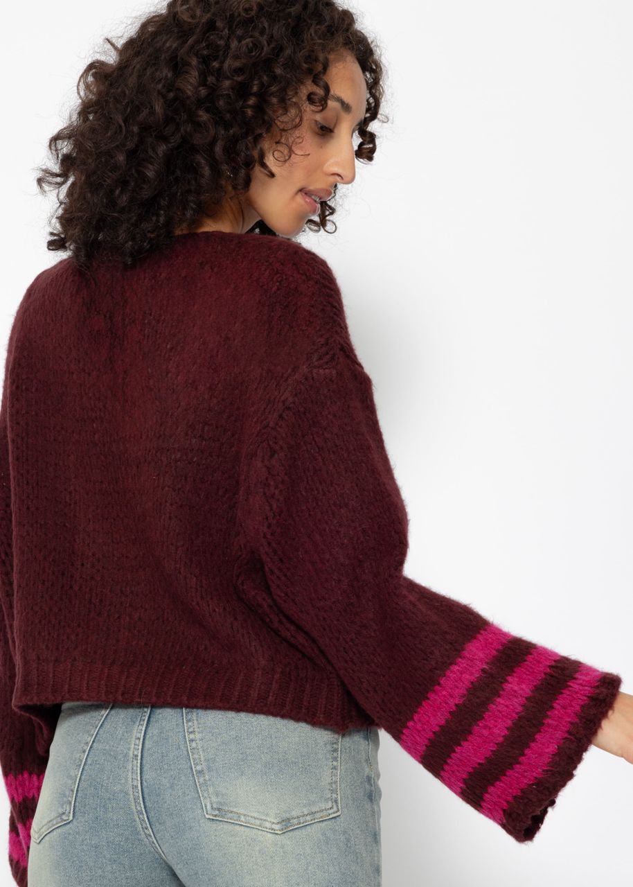 Cardigan with striped cuffs - burgundy