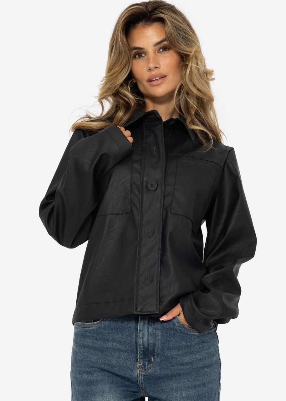 Faux leather blouse shirt with breast pockets - black