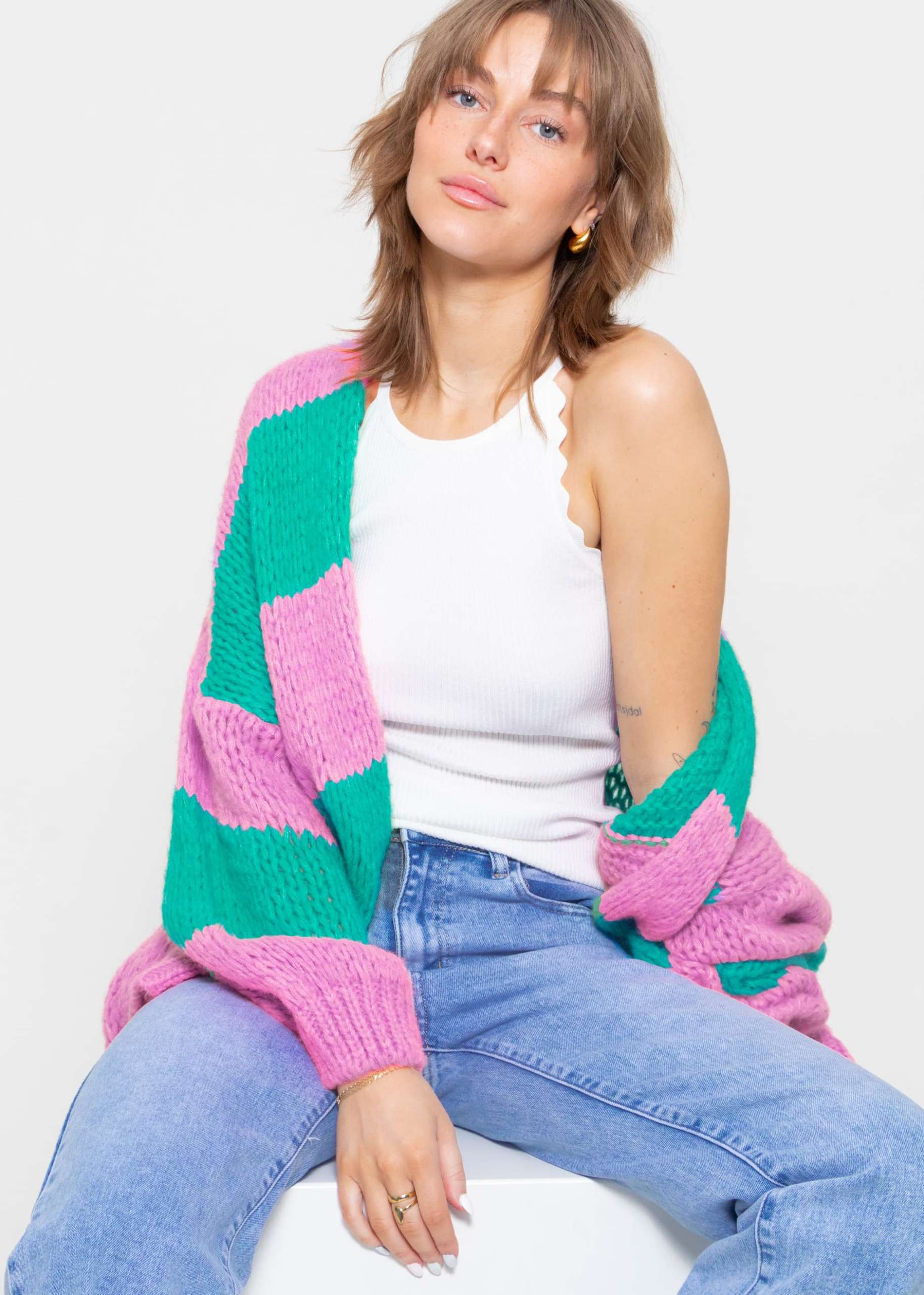 Striped oversize cardigan - pink-turquoise