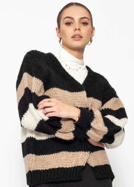 Striped cardigan with balloon sleeves - black-camel-offwhite