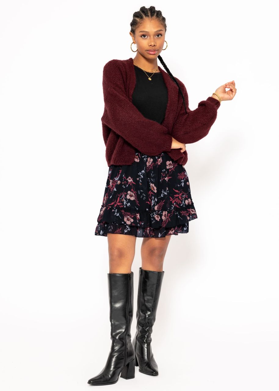 Flounces skirt with ruffles and floral print, black