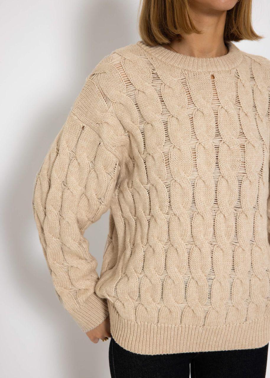 Knitted jumper with cable stitch - beige