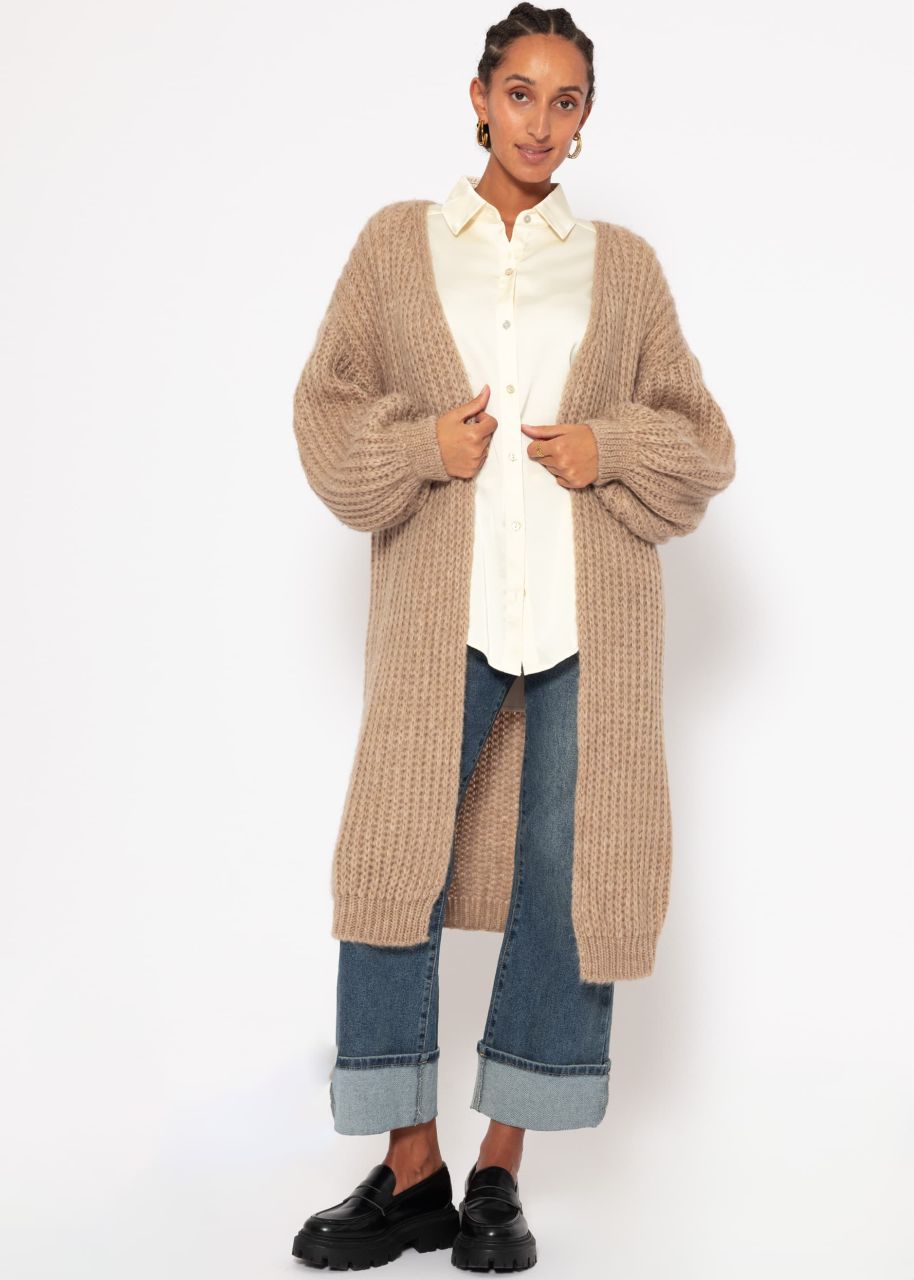 Ribbed, long cardigan with balloon sleeves - taupe