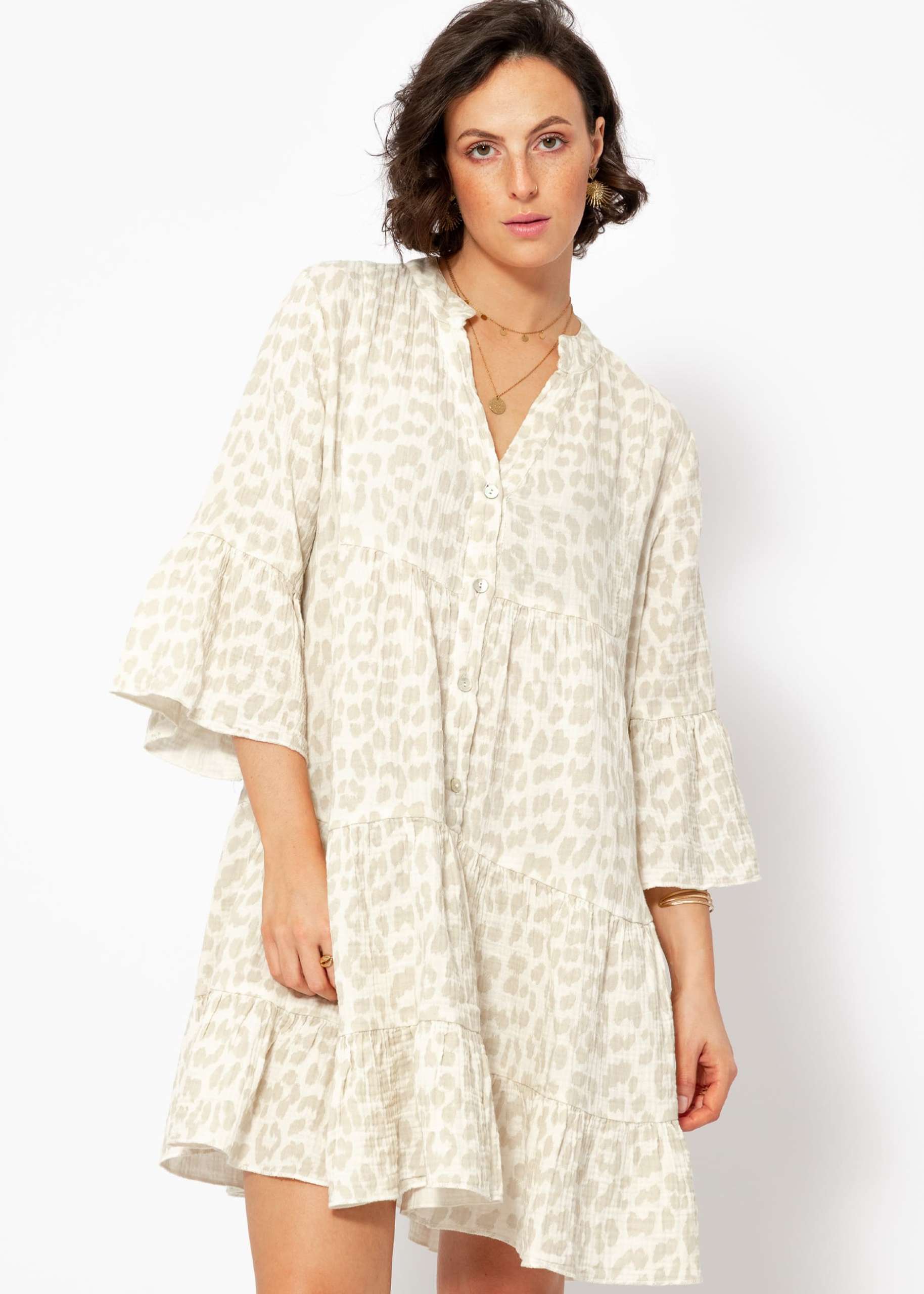 Muslin dress with leo print - light beige