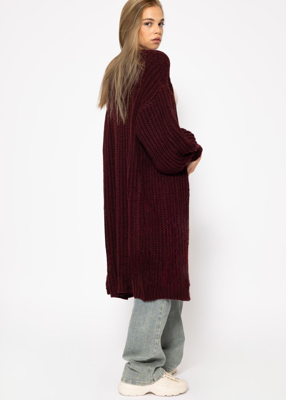 Ribbed long cardigan with balloon sleeves - burgundy