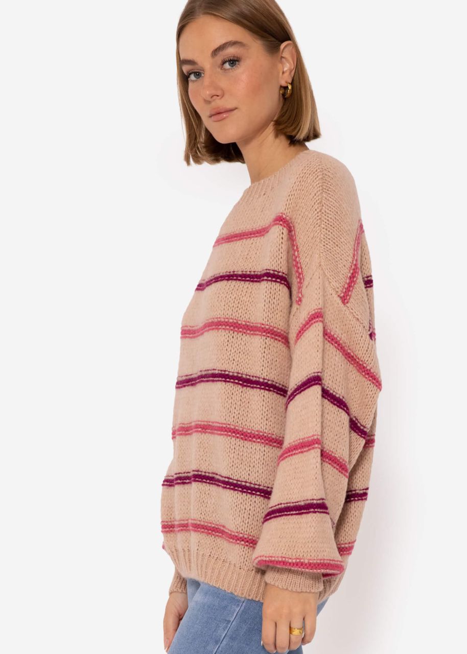 Knitted jumper with coloured stripes - nude-mauve-purple